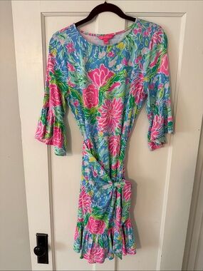 Lilly Pulitzer Blue Floral Tie-Waist Dress with Pink & Green Accents